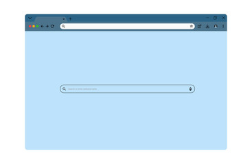 Transparent browser window on blue and violet background. Window internet browser with toolbar and search bar. Blank screen website mockup. Template design for ui, ux, app. Vector illustration