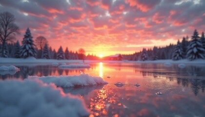 Obraz premium Serene winter sunset reflection with vibrant sky representing peaceful romance