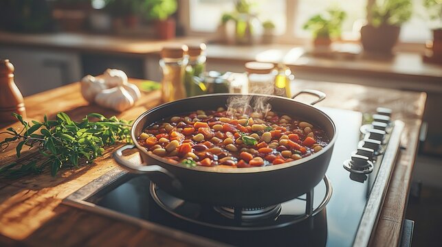 Steaming bean stew simmers on a hob in a sunny kitchen