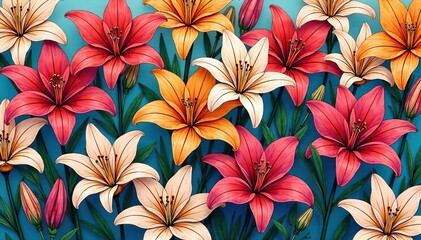 Obraz premium Intricate line art of stylized lilies, densely arranged in a repeating motif , repeating pattern, sketch, botanical