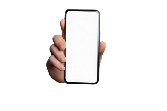 Young business man in suit, wearing eyeglasses, holding blank screen smartphone and pointing to it, copy space for advertising, isolated on purple background PNG
