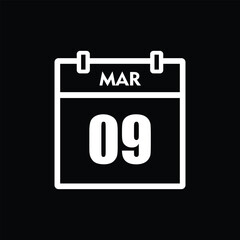 calender icon, 09 march icon with black background	