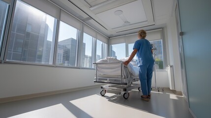Bright morning light bathes the spacious hospital room, illuminating a diligent staff member as they carefully guide a hospital bed towards the window, ensuring patient comfort and care