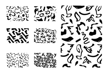Set of retro 80s, 90s l vector seamless patterns. Doodle fun kid backgrounds. Childish cute hand drawn design useful for fabric, textile, cover, banner, label, print, wrapping etc.
