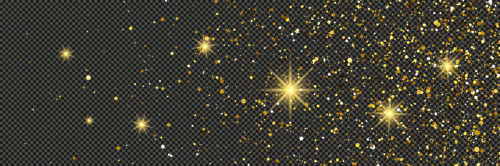 Gold glittering dust with stars on transparent backdrop