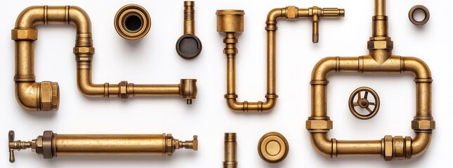 Plumbing pipes, including modern realistic illustrations of stainless steel tube sections, tee, valve and faucet for oil, gas, water, drainage and sewage systems, are set isolated on white background