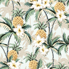 Tropical pineapple fruits, palm trees, silhouettes, hibiscus flowers, light background. Seamless pattern. Vector illustration. Exotic plants. Summer beach design. Paradise nature