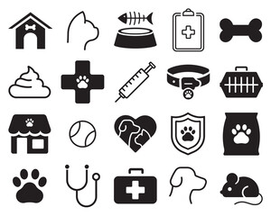 Veterinarian and pet products - vector icons isolated on white.