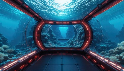 Futuristic Underwater Observational Window with Bright Lighting and Coral Landscape