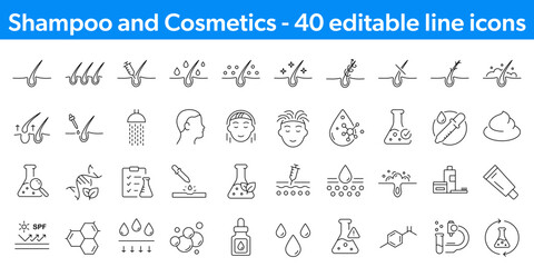 Shampoo, Hair Care and Cosmetics - vector editable line icons. Beauty and Skin Care icons collection.
