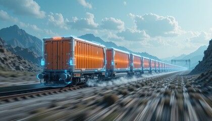 Obraz premium Futuristic Cargo Train Traveling Through Desert Landscape with Mountains and Clouds