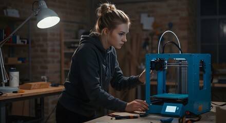 Woman engineer working with blue three d printer in workshop for rapid prototyping and manufacturing