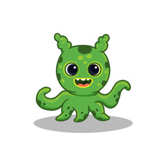 Cute cartoon green monster wiht funny eyes on white background. Green Alien. Flat style. Vector
