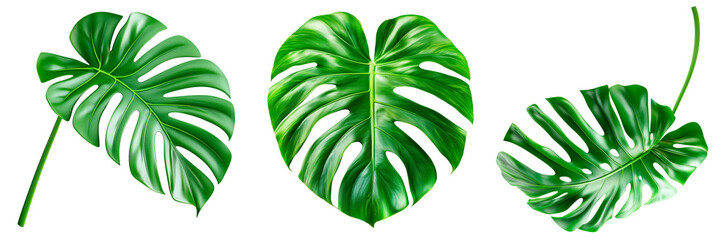 Monstera leaves with natural cuts and glossy surfaces arranged in a row, isolated on transparent background.