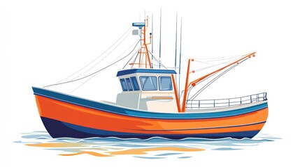 Fototapeta premium Fishing boat illustration, calm water background, vector art, for use in marine design, etc.