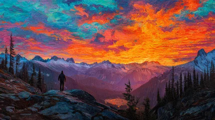 Fototapeten Vibrant impasto-style landscape painting depicting a person observing a fiery sunset over snow-capped mountains, conveying serenity and awe-inspiring natural beauty © Inspire Shots Hub