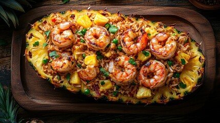 Grilled shrimp and rice, nestled inside a hollowed-out pineapple
