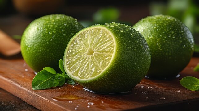Fresh Green Citrus Fruits with Water Droplets on a Wooden Surface Ideal for Culinary and Bever