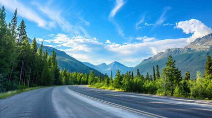 Asphalt highway road and green forest with mountain natural landscape under blue sky