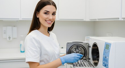 Dental assistant sterilizing instruments in autoclave dental clinic sterilization procedure process hygiene safety