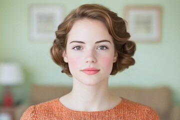 Western woman with structured vintage hairstyle and red lipstick, soft home interior background, retro beauty look with fair skin and classic warm tone fashion

