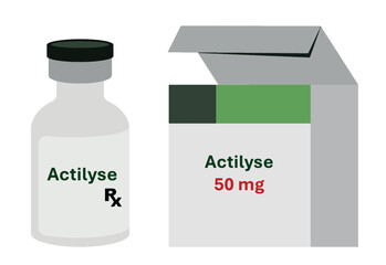 Actilyse medicine glass vial and cardboard medicine box next to it. Vector illustration. Actilyse 50 mg Injectio. Packaging Type: Box, for Clinical, Hospital. Liquid intravenous infusion.