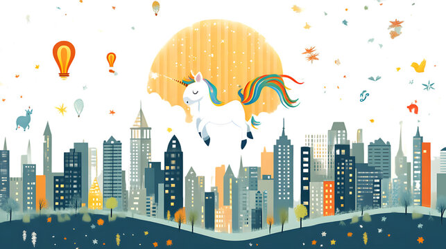 Magical Unicorn Soaring Over Cityscape at Night
