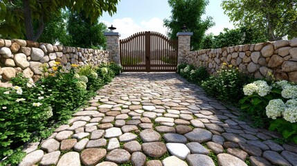 Obraz premium Rustic Wooden Gate and Cobblestone Path in a Sunny Garden