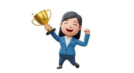 Fototapeta premium Celebrating success woman holding trophy award achievement business cartoon character illustration