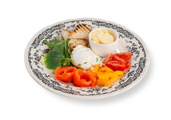 Breakfast Plate with Poached Egg Salmon Vegetables Butter and Toast