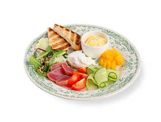 Healthy Breakfast with Tuna, Salad, Orange and Toast