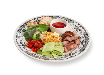 Scrambled Eggs with Duck Breast, Salad and Toast