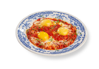Shakshuka with Tomatoes Peppers Spices Fresh Herbs Poached Eggs