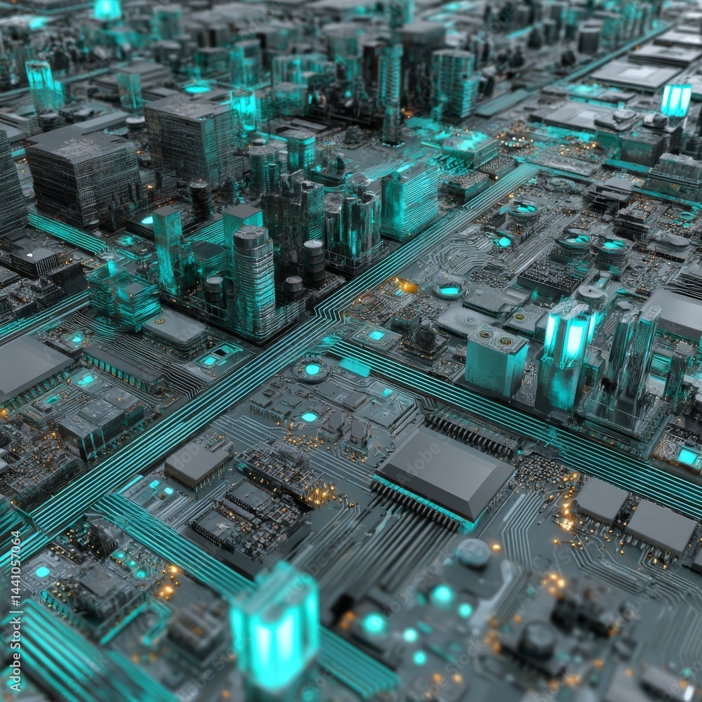 Poster futuristic motherboard technology features computer and cpu chips that power server machines for dig