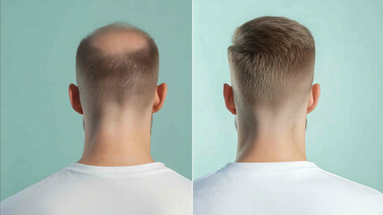 A professional backview transformation collage zoomed out by 15x left square frame showing the same man with severe alopecia bald spots receding hairline minimal hair wearing a plai