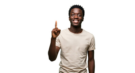 Young Black Man Smiling and Pointing Upwards – Isolated on White Studio Background