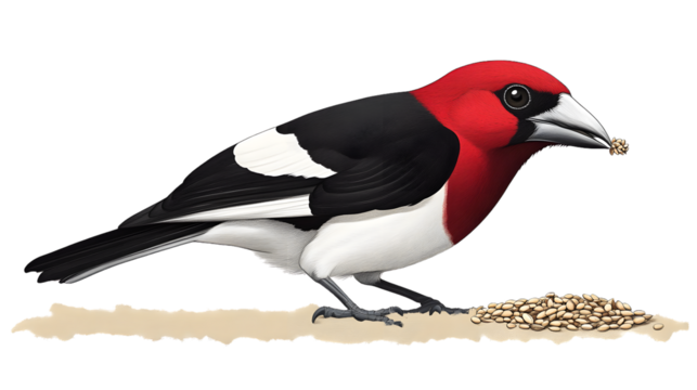 Vibrant Bird with Red Head Feeding on Seeds Detailed Illustration for Nature and Wildlife Them