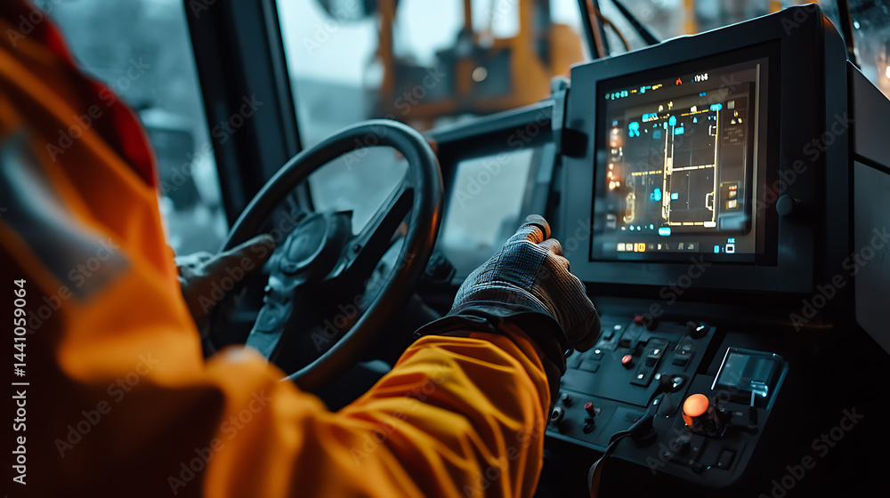 Wall mural operator in high-visibility jacket using control panel