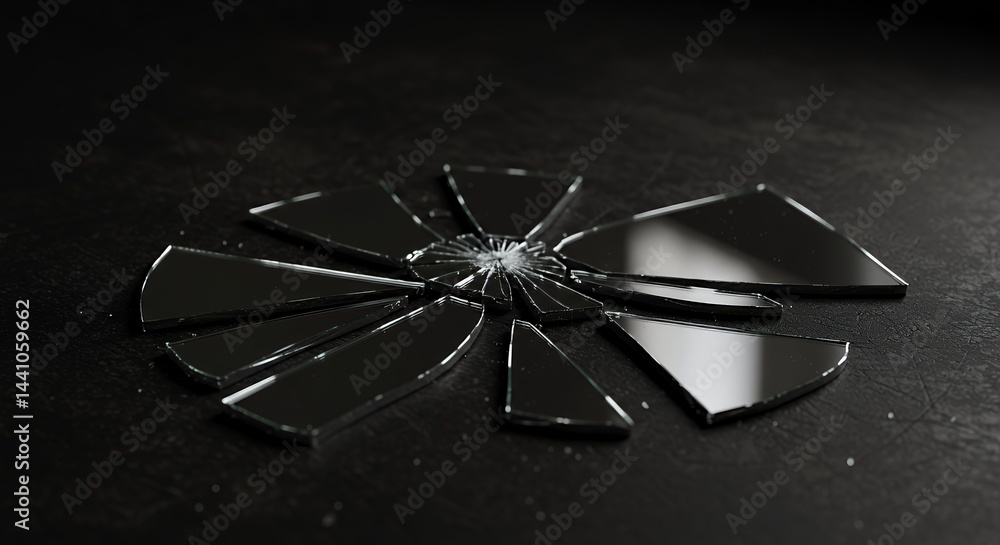 Poster abstract broken mirror shards displayed on dark surface demonstrating damage with textured reflectio