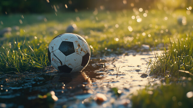 Rain-soaked soccer ball sitting in a puddle on a grassy field during golden hour in late afternoon - Powered by Adobe