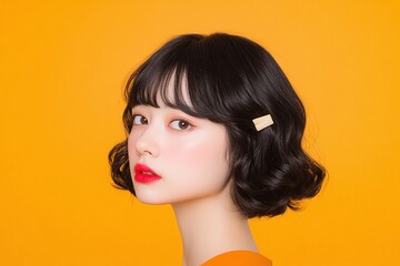 Young woman with black short bob hairstyle and side hair clip, bold red lipstick and clear skin, vibrant orange background, contemporary fashion portrait with copy space

