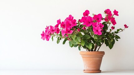 Fototapeta premium Vibrant Pink Bougainvillea Blooming in Terracotta Pot Beautiful Houseplant Flower Home Decor Bright Floral Arrangement Lush Greenery Potted Plant Indoor Garden Botanical Photography Spring Summer 