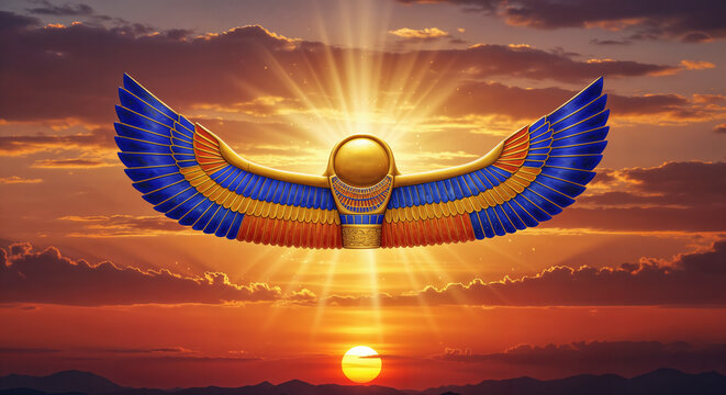 Winged solar disk (Aten) in gold and lapis lazuli, symbol of divine protection and solar power. Represents the cycle of life-death-rebirth