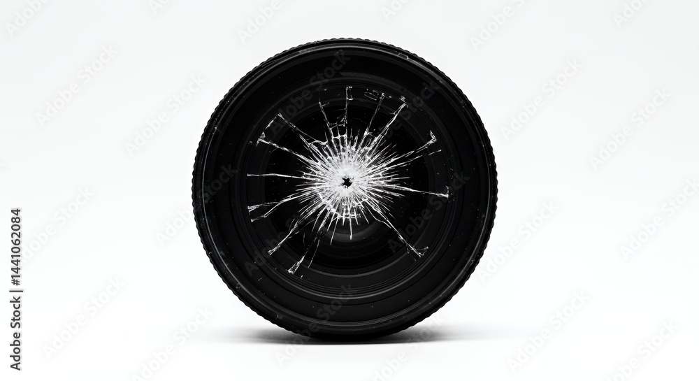 Aufkleber broken camera lens with cracks and damage isolated on white background for ads promotion showing ite