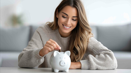 Young beautiful woman putting a coin into white ceramic piggy bank grey sofa in background bright natural light