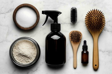 A flat lay of ecofriendly cleaning products on a white marble surface Includes reusable glass spray bottles wooden dish brushes baking soda in a glass jar and natural essential oils