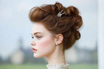 Fototapeta premium Elegant vintage-inspired hairstyle with voluminous curls, young woman in profile view wearing pearl earrings, romantic updo, soft light outdoor portrait, timeless beauty concept