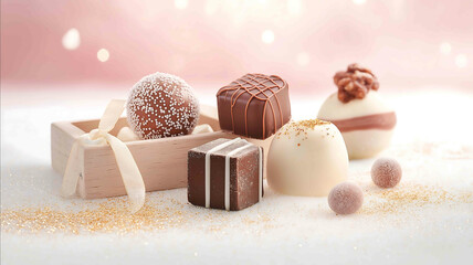 A photograph of several chocolates pink praline white ablack chocolate in a nice wooden box a pink gradient background golden glittering cinematic style highkey lighting