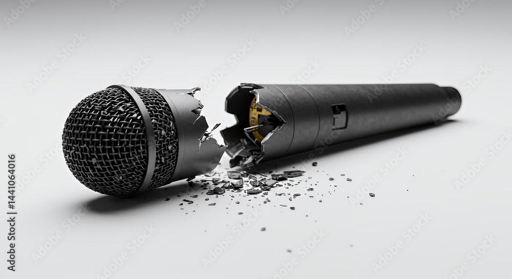 Poster broken microphone leaning in half on clean white background representing failure public humiliation 