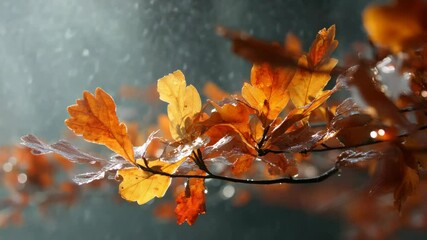 Raindrops glisten on vivid autumn leaves in a serene forest setting during the early morning light